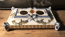 Encrier Double Faïence De Gien XIXe Décor Renaissance L 24 Cm