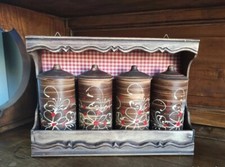 Etagère à épices en bois et ses 4 pots en terre cuite (décor floral)