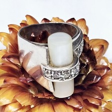 Bague De Style Art Déco Tank Argent 925 Nacre Zircons  Taille 54 Poinçon 925