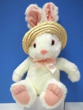 12" White and Pink Plush Kids of America Bunny with Straw Hat, Pink Eyes