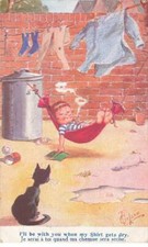 CHATS AC#MK980 CHAT NOIR ET ENFANT QUI FUME SUR UN HAMAC AMBULANT CAEN A PARIS