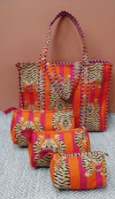 Indien Orange Tigre Matelassé Épaule Sac Coton Avec 3 Articles de Toilette Set