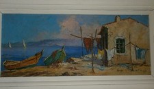 Guy LEFLORENTIN Huile sur carton 1943 : Marine " Barques et maison de pêcheur "