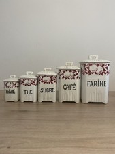 Série De 5 Pots À Épices Anciens En Faïence Motif Floral Collection Déco Rétro