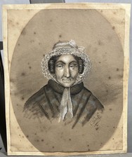 Dessin ancien à la pierre noire représentant une femme à la coiffe c.1850 signé