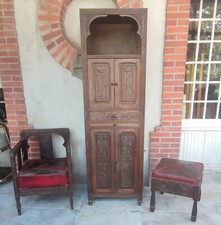 Ensemble 3 pièces Meuble+ fauteuil+pouf Moyen Orient/bois sculpté et cuir