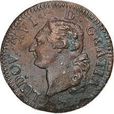 France, Louis XVI, Sol, Sol ou sou, 1791, Paris, 2éme sem, Cuivre, TB