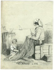 Femme de pêcheur ravaudant
