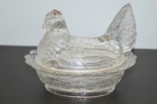 -ANCIEN POT COUVERT BONBONNIERE POULE VERRE Moulé VIDE POCHE Collection déco XXe
