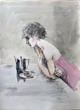 Alberto sughi Lithographie Colorée Main " Au Comptoir Du Cafè " 80x60 Signé 1982