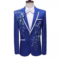 Hommes Manteau Veste Sequin Costume Blazer Strass Fleur Soirée Habillé
