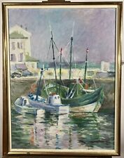 Ecole française Début XXe Paysage Marin Bateaux au Port de pêche 60 x 45 cm