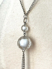 Joli Collier Argenté & Boule facette Blanc transparent chaîne 75cm pendentif 9cm