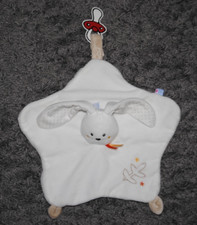 ? Doudou lapin plat SUCRE D'ORGE blanc à pois étoiles attache tétine NEUF