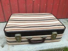 ANCIENNE VALISE TISSU RAYE ANNEES 50/60 + CLEF