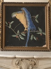 Tableau ancien peinture portrait animalier Ara feuillage houx art deco