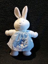 Doudou  peluche Lapin blanc tablier vichy bleu " bébé an 2000 "  Klorane TBE