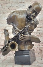 Original Rare Musicien Musique Saxophone Lecteur Bronze Marbre Base Statue