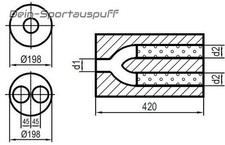 Silencieux Universel Inox Rond 198mm Tube Y L:420mm 1x63,5/2x2x55mm
