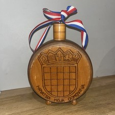 Gourde Ronde À Liqueur Flacon Verre Habillage Bois Gravé Blason Croate