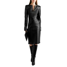 Robe Noire En Cuir Véritable Pour Femme, Robe De Cocktail À Col En V