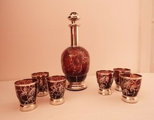  service à liqueur en verre à décor argent flacon et 6 verres - Italie - 1950