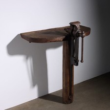 Console Ancien Chêne Fer Forgé avec Étau Italie XXe Siècle Original