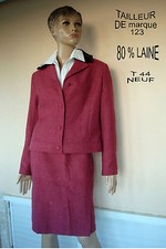 TAILLEUR DE MARQUE 123 VESTE + JUPE TWEED CHEVRON FUSCHIA 80 % LAINE T 4244 NEUF
