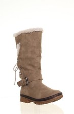 Femmes à Enfiler Doublé Fourrure Bottes Avec Good Prise Semelle en Beige Size UK
