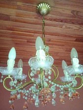 LUSTRE PAMPILLES VERRE ROSE gouttes MONTURE LAITON métal doré 6 fausses bougies