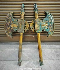 19,6 "Tang Bronze Ware doré bête animal motif hache tableau paire de statue