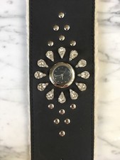 NEW GUESS G10598L Black Genuine Leather wide band Crystal Watch Women men