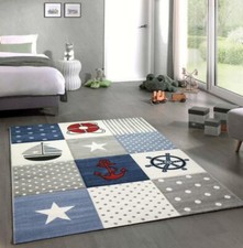 Tapis enfant tapis de jeu tapis garçon à carreaux maritimes en bleu gris crème