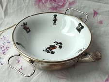 ANCIENNE ASSIETTE À BOUILLIE BÉBÉ FAÏENCE ET MÉTAL ARGENTÉ 