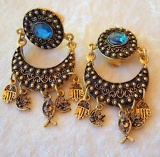 BOUCLES D'OREILLES CLIPS BLEU TURQUOISE LUNE POISSON MAIN FATMA CROISSANT ORIENT