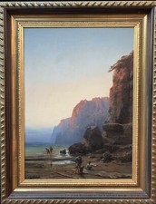 Grand tableau ancien Marine animée ramassage des coquillages hst sv Godchaux 19e