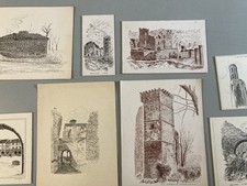 Lot 8 Dessin Encre Eglise Pierre Sud Ouest France Bâtiment Château 1970 XXe Art