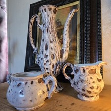 Magnifique 3 Pieces Théière/cafetière Sucrier Pot A Lait Faience Vallauris 70