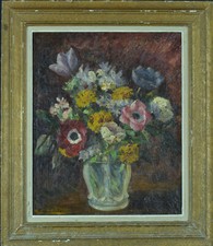 Tableau ancien HST Nature Morte bouquet de fleurs Vera de Landchevsky éc. Russe 