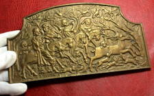 Antique Cerf Chasse Scene Grand 710gr Fonte Plaque Par Le Verrier
