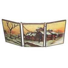 Ancien miroir triptyque de barbier avec chaînette / décor au dos