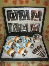 Vintage 90 Ancien COFFRET SERVICE À CAFÉ CÉRAMIQUE INOX Tasses Cuillères Sucrier