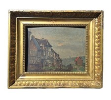 peinture ancienne huile  paysage architecture Honfleur maison normande Colombage