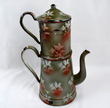 ANCIENNE GRANDE CAFETIERE EN TOLE EMAILLEE A DECOR FLEURI 34 CM ART DECO 1920