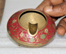 Cendrier En Laiton Antique Rond Avec Incrustation Florale Gravée Original