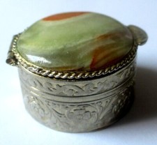Boite à cachet pilulier accessoire vintage couleur or cabochon albâtre vert 