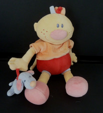 O7. Doudou peluche NATTOU GARCON BILLY ROUGE chien bleu TTBE mais musique HS/NO