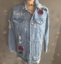 MISSGUIDED OVERSIZED ROSE Distressed DENIM Jeans Jacket LONGER SIZE 0 SMALL
