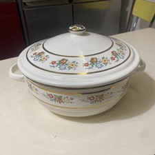soupiere,cocotte tole  émaillée ancienne, fleurs avec liserés dorés années 50