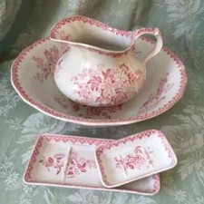 Vtg 19th FRENCH Porcelain WASHING Set PITCHER BASIN CREiL & MoNTEREAU Pink Roses